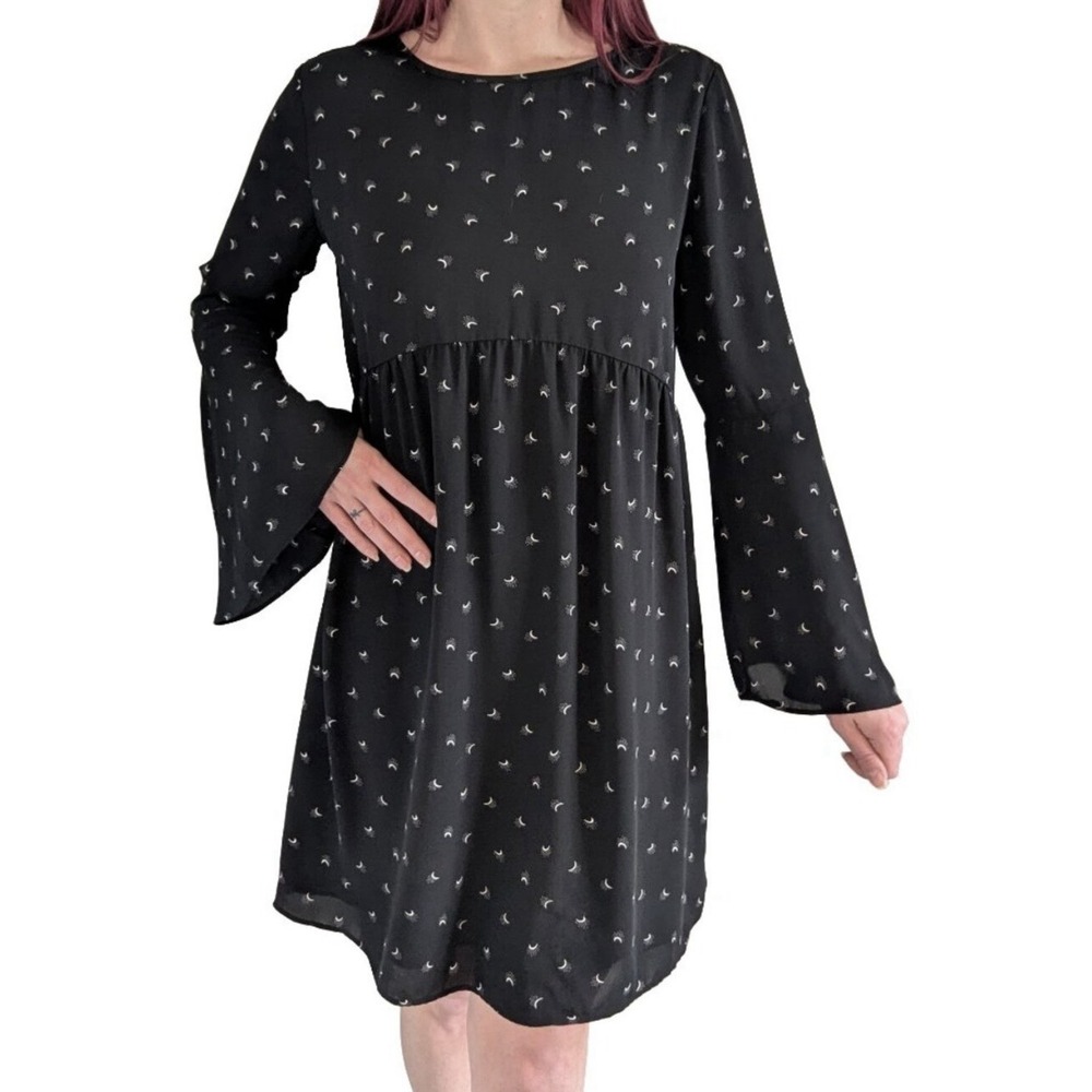 Loft Crescent‎ Moon Shift Dress Black Bell Sleeve Celestial Whimsigoth Witchy